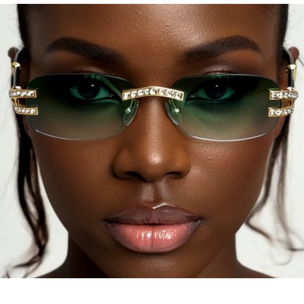 Women's Rimless Oval Gradient Green Rhinestone Accent Sunglasses Gold Tone Gafas